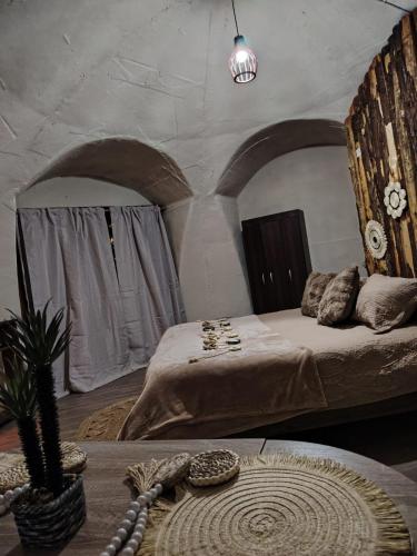 a bedroom with a bed and a potted plant at Refugio la Resiliencia in Algarrobo