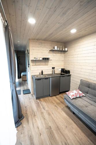 a living room with a couch and a kitchen at Mērsraga namiņš in Mērsrags
