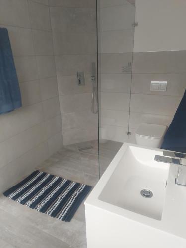 a bathroom with a shower and a white sink at Sunset Dunes in Cape Town