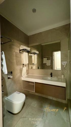 a bathroom with a sink and a toilet and a mirror at Radamis in Almaty