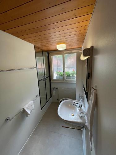 a bathroom with a sink and a window at Hotel Milan - Self Check-In in Ringgenberg