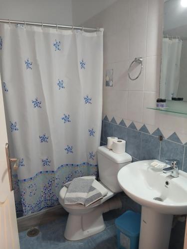 a bathroom with a toilet and a sink and a shower curtain at Studio nikolos in Elafonisos