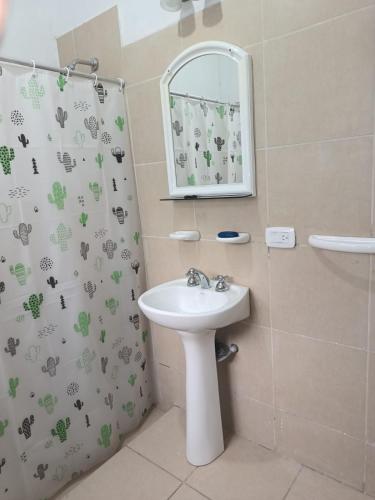 a bathroom with a sink and a shower curtain at Cabaña MariaMaria in Pomancillo