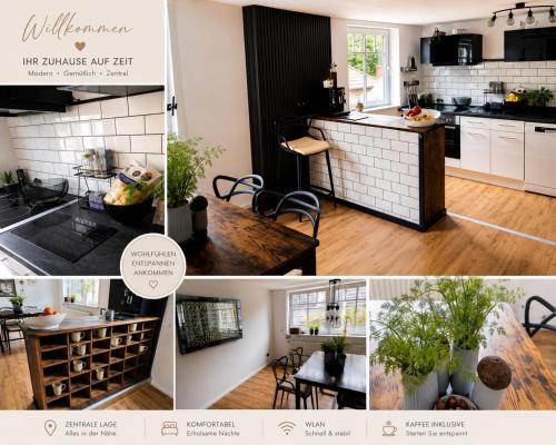 a collage of photos of a kitchen and dining room at Schlosspartie stilvolle Ferienwohnung an der Nordsee in Sande