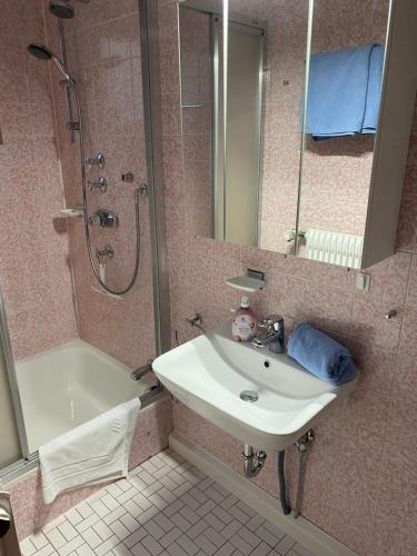 a bathroom with a sink and a shower and a tub at Blick ins Grüne in Idar-Oberstein