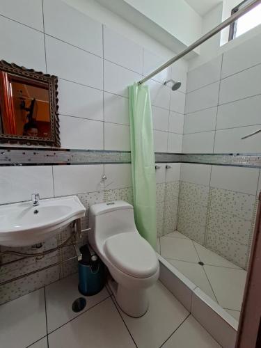 a bathroom with a toilet and a sink and a shower at Hotel La Reserva INN in Ayacucho