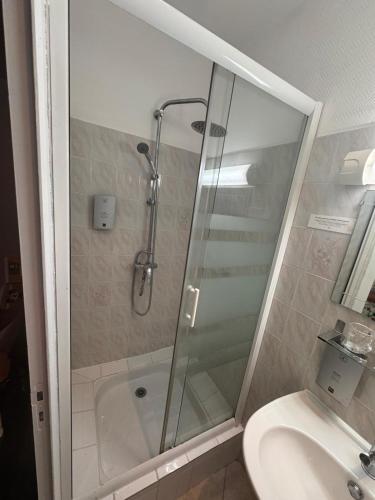 a bathroom with a shower and a toilet and a sink at Hotêl - Restaurant Le Bon Duc in Les Billaux