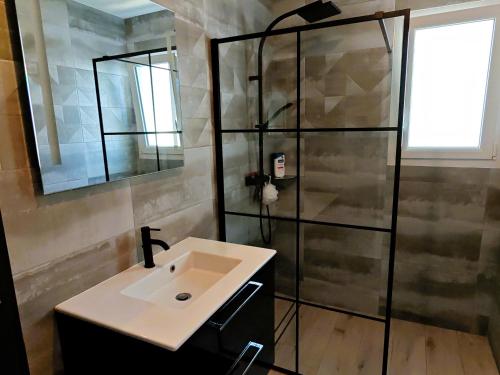 a bathroom with a sink and a shower at Le Havre des Dunes in Brem-sur-Mer