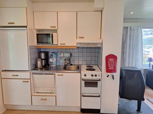 a small kitchen with a stove and a refrigerator at Aijas Semesterstugor in Vaasa