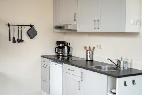 a kitchen with white cabinets and a sink at Panta Rhei - Logement de 12e stad in Berlikum