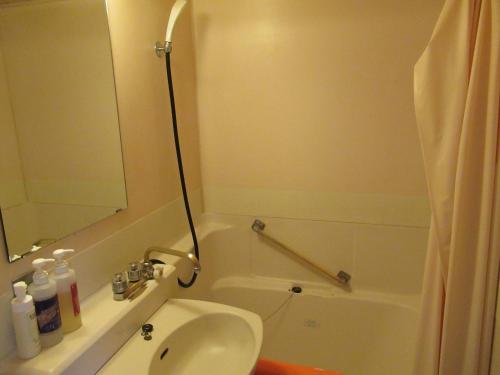 a bathroom with a sink and a toilet and a tub at Hotel CROWN HILLS MIYOSHI in Miyoshi