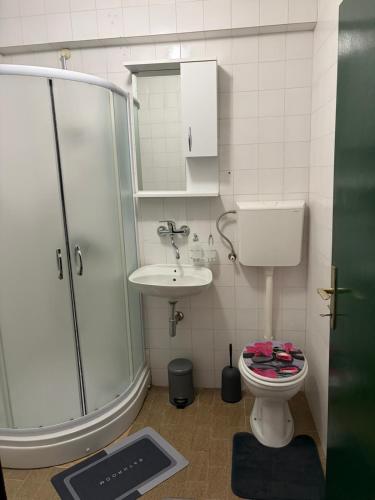 a bathroom with a shower and a toilet and a sink at Lavanda in Budva