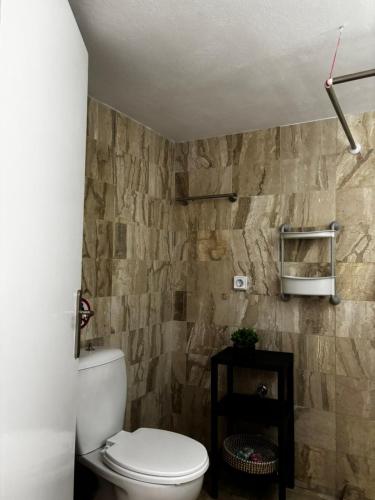 a bathroom with a toilet and a stone wall at Grecos in Perissa