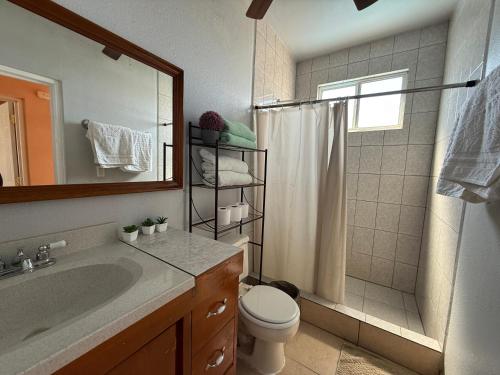 a bathroom with a sink and a toilet and a shower at Bugambilias Terrazas in San Felipe