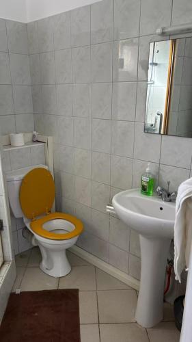 ein Badezimmer mit gelber Toilette und Waschbecken in der Unterkunft Diamond View in Quatre Bornes