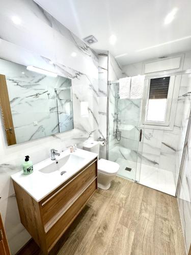 a bathroom with a sink and a toilet and a shower at Apartamento La Muralla 2B in Aguilar de Campóo
