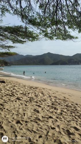 a beach with people swimming in the water at Casa kumake tayrona in El Zaino