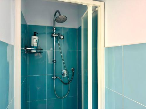 ein Badezimmer mit Dusche und blauen Fliesen in der Unterkunft Ferula romantica mansarda tra fiumi e montagne Sardegna in Seùlo