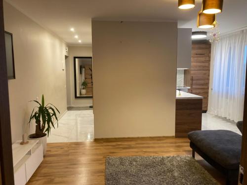 a living room with a couch and a kitchen at Mājīgie Apartamenti Saldū in Saldus