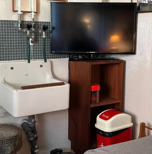a bathroom with a sink and a flat screen tv at Genbrugsfabrikkens Tiny apartment in Holbæk