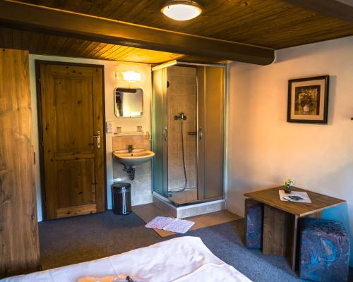 a bathroom with a shower and a sink and a bed at Pension Skalicky in Pec pod Sněžkou