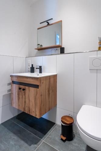a bathroom with a sink and a toilet at Ferienwohnung 1 Gasthaus Bußmann Vreden in Vreden