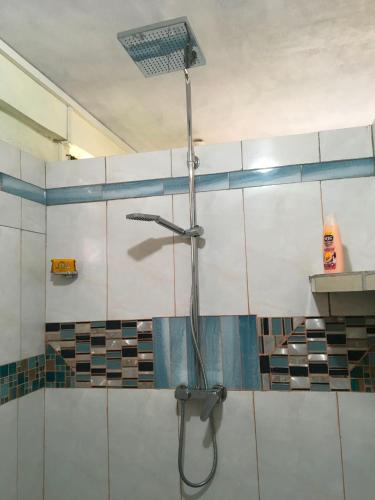 a shower in a bathroom with a shower head at Creole Cottage in Calibishie