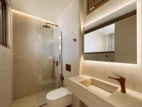 a bathroom with a sink and a toilet and a mirror at Deciel Cave Villa in Áyios Pétros