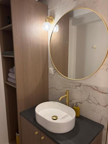 a bathroom with a white sink and a mirror at La Petite Bergère in Saint-Méloir-des-Ondes