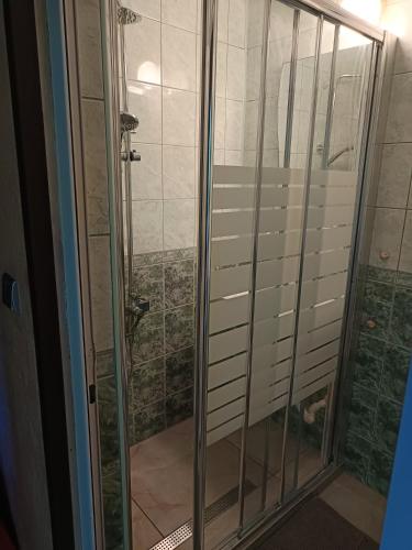 a shower with glass doors in a bathroom at VIP in Ahtopol