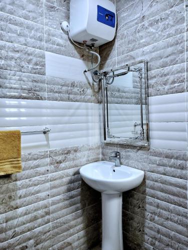 a bathroom with a sink and a mirror at UG Apartment Lagos in Isagatedo