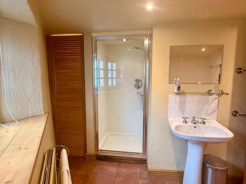 a bathroom with a shower and a white sink at Meadow Cottage in Fowey