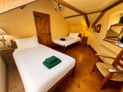 a bedroom with two beds and a chair in a room at Meadow Cottage in Fowey