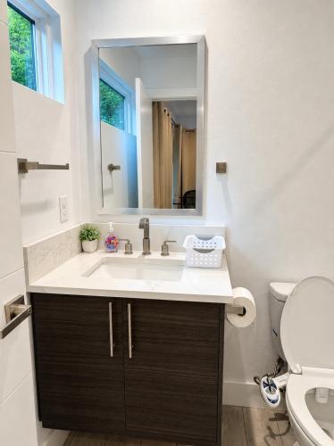 a bathroom with a sink and a toilet and a mirror at 1 full bed with En-Suite bath surrounded by greenery in Austin