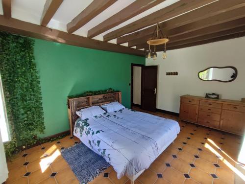 a bedroom with a bed and a green wall at Domaine Sylvaria in Lassay-sur-Croisne