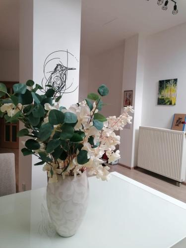 a white vase filled with white flowers on a table at Apartmán Nádvorie in Levoča