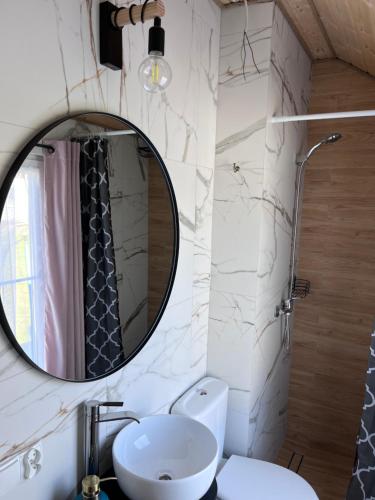a bathroom with a sink and a mirror at Domek Słoneczna in Mieroszyno