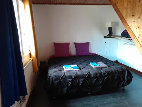 a bedroom with a bed with purple pillows at Studio à la campagne, Jardin, Lac à 7 min in Chenereilles