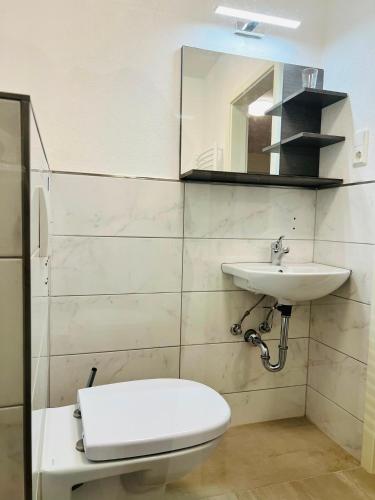 a bathroom with a toilet and a sink at Haus Wandertal in Zella-Mehlis