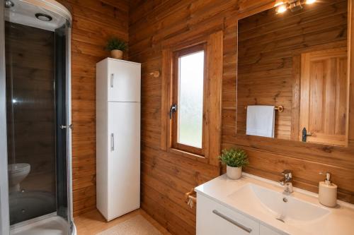 a bathroom with wooden walls and a sink and a shower at Cabaña Las Cebras de Cabárceno in Penagos