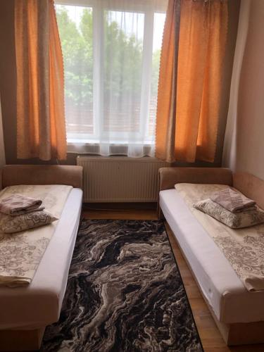 two beds in a room with a window at Hotel Marianna in Berehove