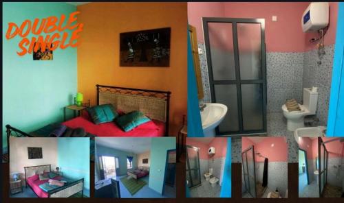 a collage of pictures of a bathroom with a bedroom at Djabraba's Rooms in Vila Nova Sintra