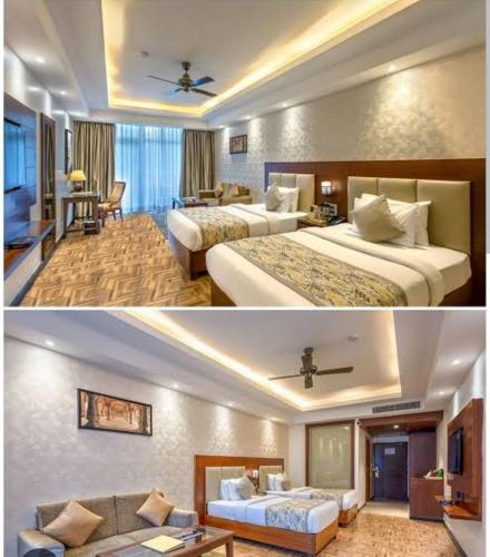 a hotel room with two beds and a living room at The velvet pines in Mukteshwar