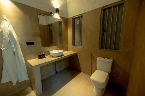 a bathroom with a toilet and a sink and a mirror at Clove Bentota in Walagedera