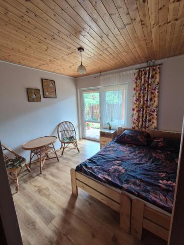 a bedroom with a bed and a table and a window at Pod lasem dom letniskowy in Majdan Sopocki