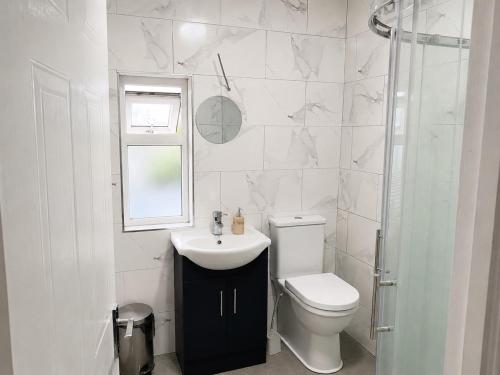 a white bathroom with a toilet and a sink at Dublin Cosy Home in Dublin