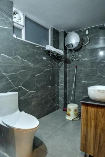 a bathroom with a toilet and a sink at Pine Grey Castle in Almora