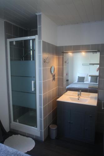 a bathroom with a shower and a sink and a bed at hôtel du centre in Saint-Benoît-du-Sault