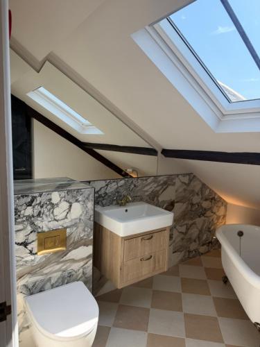 a bathroom with a toilet sink and a skylight at Oat & Olive Apartments - Alnwick in Alnwick