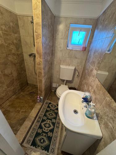 a bathroom with a sink and a toilet and a window at Camere individuale cu baie proprie in Timisoara in Timişoara